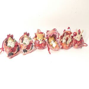 6 Christopher Radko Woodland Winds Leaf Ornaments - Santa Bunny Bear